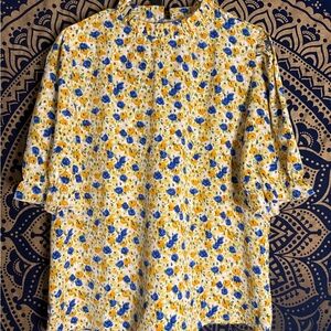 Floral Button Down Women's Shirt - Blue and Yellow